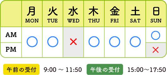 水曜日・日曜午後定休日。午前の診療9:00〜12:00 午後の診療 15:00〜18:00